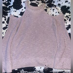 Hollister Off-the-Shoulder Distressed Knit Sweater in Lavender Small